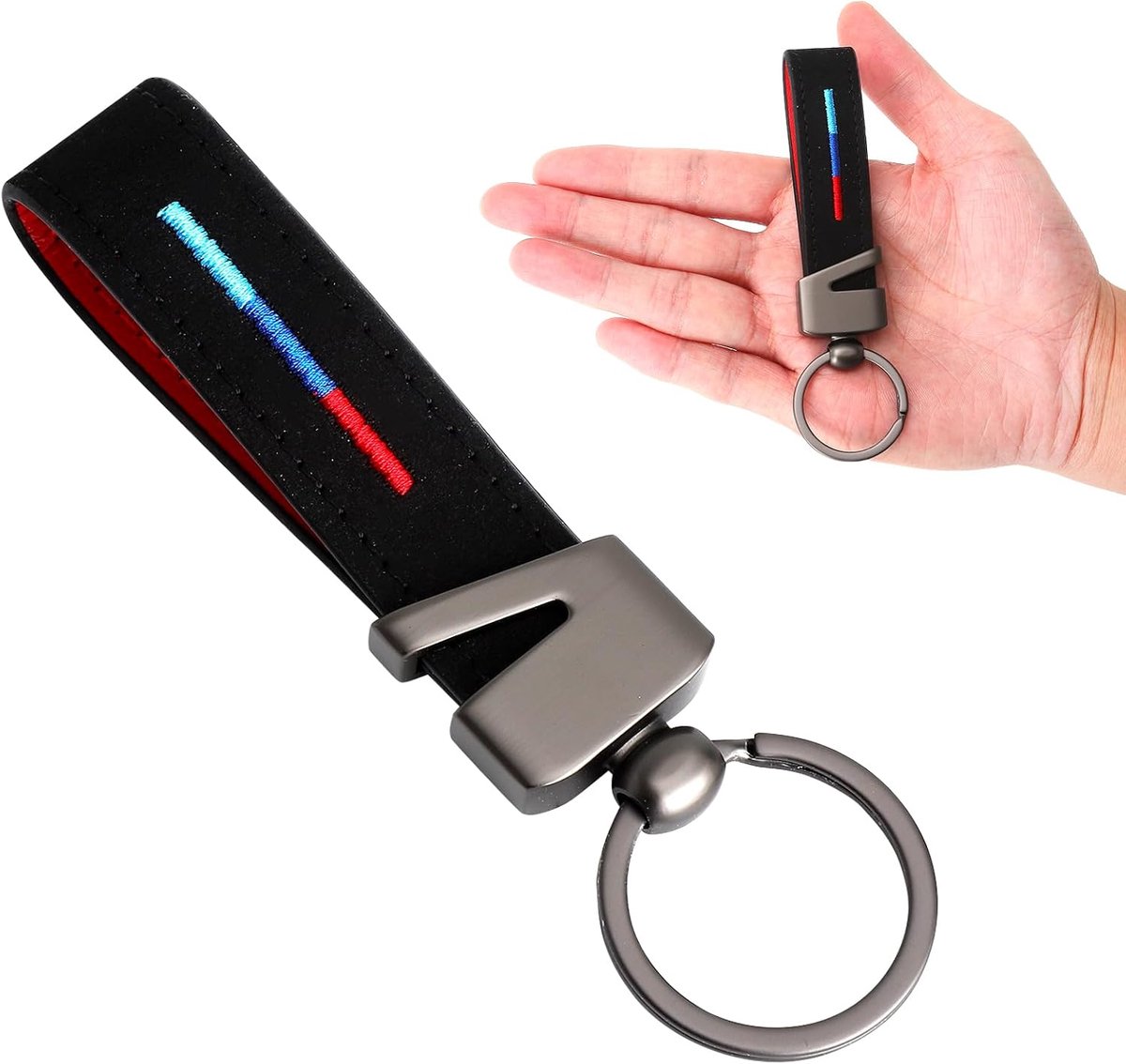 Autosleutelhanger voor heren, metaal, sportieve sleutelhanger met borduurwerk in rood en blauw, elegant - ShopVlot