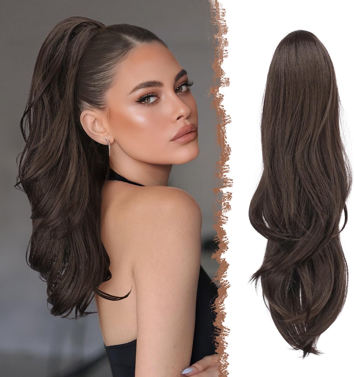FESHFEN Ponytail Extensions with Drawstring, Natural Wave Curly Synthetic Dark Brown Ponytail Hairpiece Extension - ShopVlot