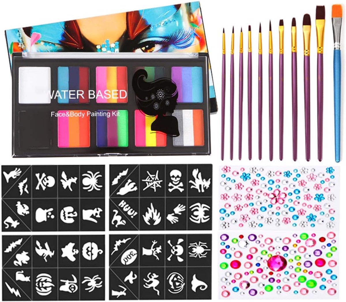 Gezichtskleuren Kinder Make-up Set - 10 Kleuren Palet - Inclusief 10 Kwasten en 40 Tattoo Sjablonen - Veilig voor Huid - ShopVlot