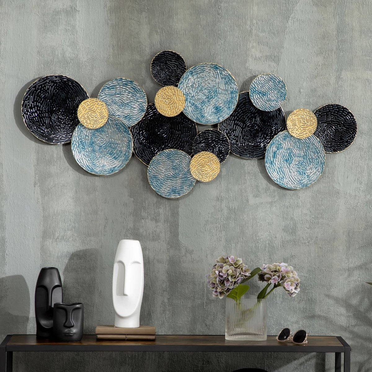 Wandpaneel 3D Metaal 121 X 53 Cm Gold Zwart Blauw Abstracte Wanddecoratie Voor Woonkamer Slaapkamer En Thuiskantoor