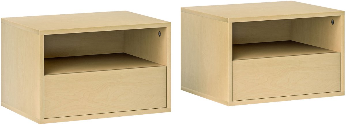 2er Set Zwevende Nachtkastjes 45 cm - Wandkastje Met Lade En Open Plank - Hout Natuur