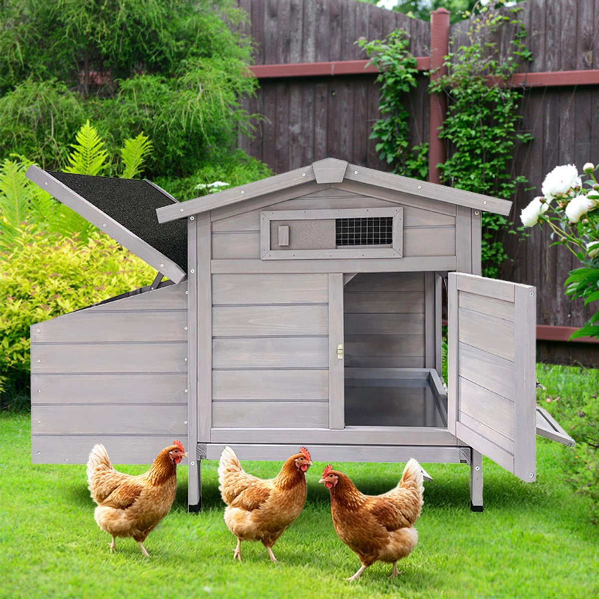 Kippenhok Verhoogd 104x60x71,5 cm - Houten Kippenverblijf Met Legnest En Anti-Roofdier Poten Lichtgrijs