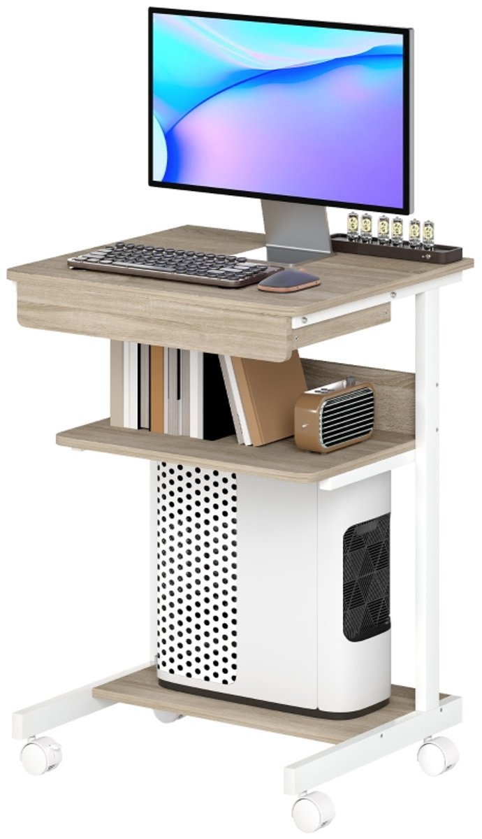 Bureau Met Lade En Planken 56x51 cm - Compacte PC Tafel Met 4 Wieltjes - Spaanplaat Metaal Eiken