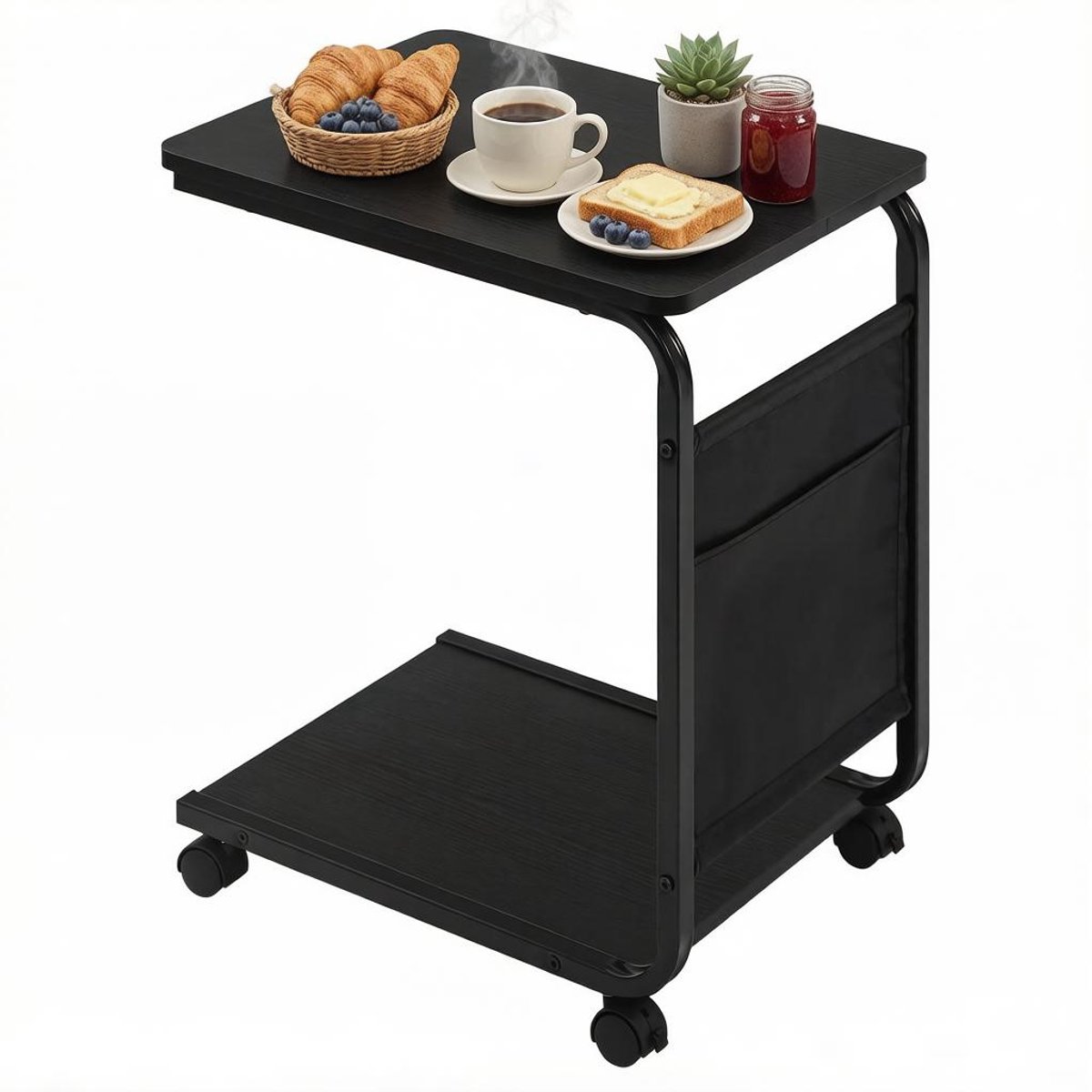 Bijzettafel 50x35x62 cm - C-Vormige Salontafel Met 2 Legplanken En Opbergtas Zwart