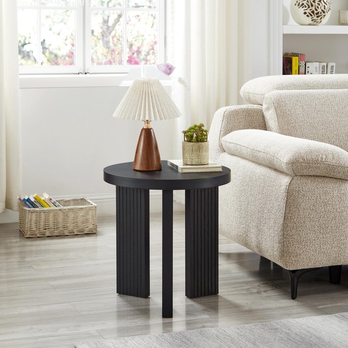 Bijzettafel Rond 44,5 cm - Houten Salontafel Met 3 Poten En Rillenstructuur - Modern Zwart