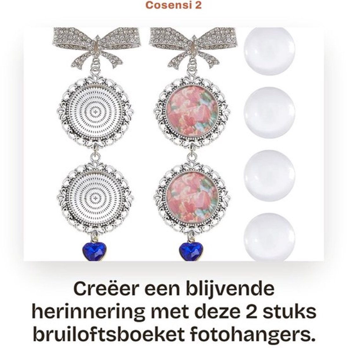 Fotohanger met strikbroche - 2 stuks - Herdenkingshanger - Bruidsdecoratie - Glazen cabochons - Platte ronde hanger - Herinneringshanger