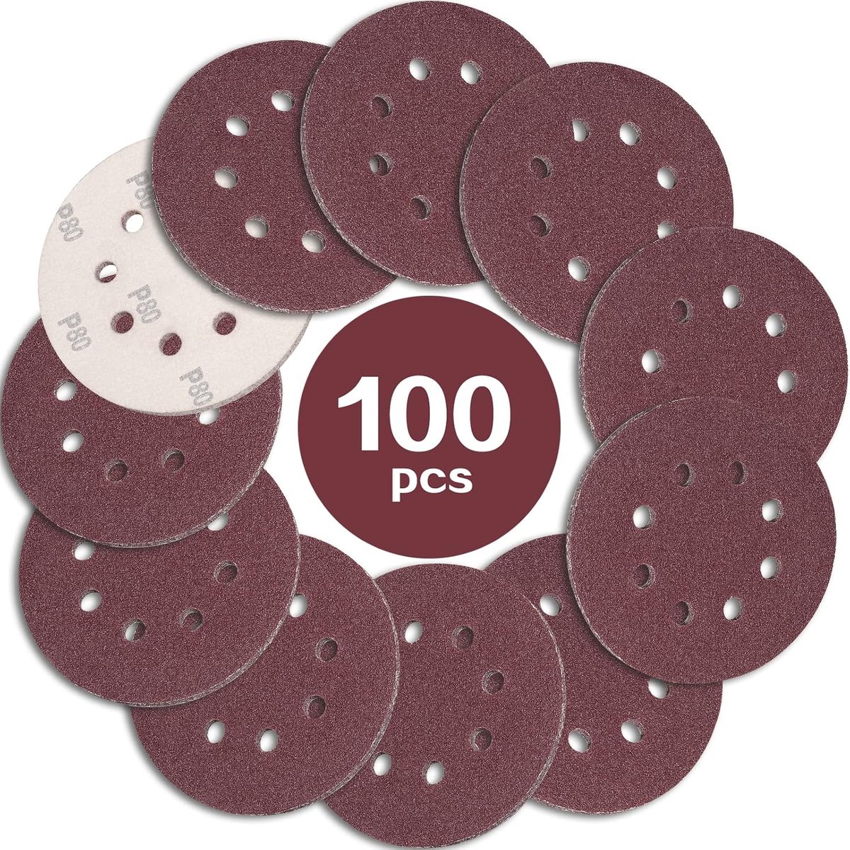 STEBRUAM 100Pcs Sanding Discs 125mm Grit 80, Sandpaper Pads 8 Holes for Eccentric Sander - ShopVlot