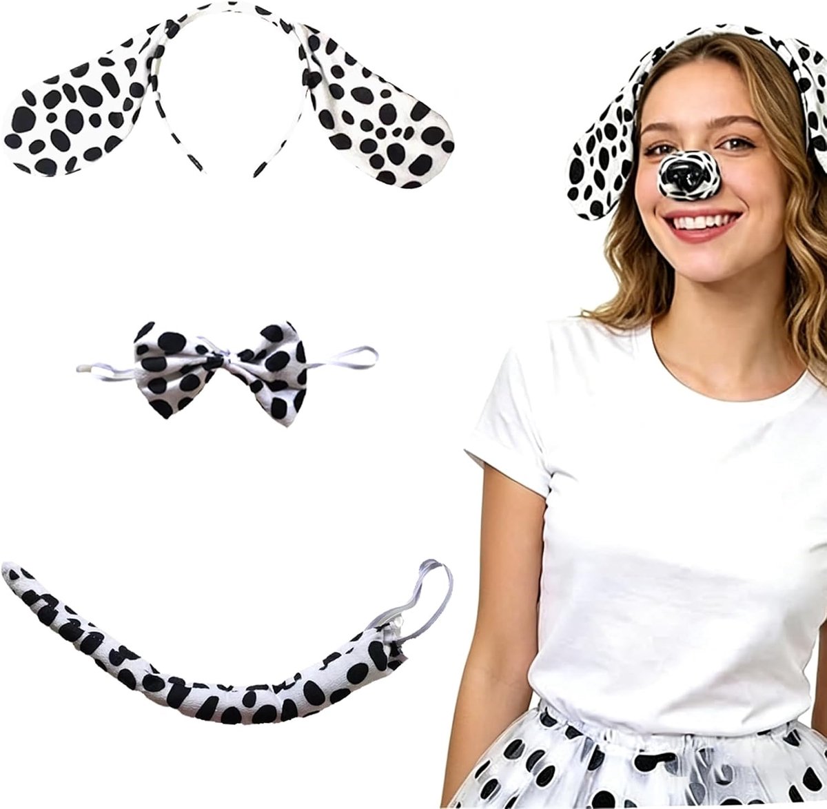 Dalmatian Costume 3-Piece Dog Animal Costume Party - Dalmatian Headband, Bow Tie and Tail Set for Adults, Cosplay and - ShopVlot