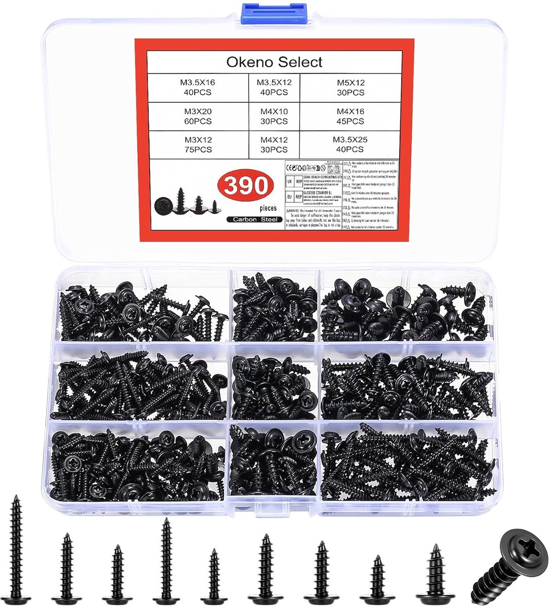 390 Pcs Sheet Steel Screws Self Tapping Screws Metal Black, M3 M3.5 M4 M5 Wood Screws Set, Flat Head Screws Black - ShopVlot