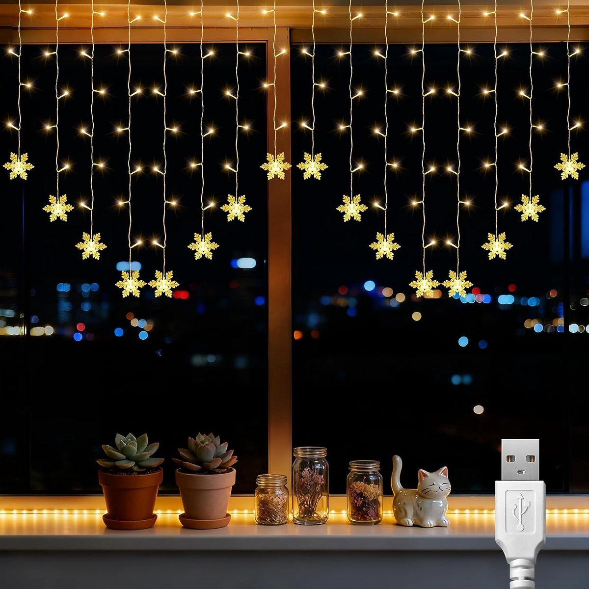 Christmas Fairy Lights with Snowflakes 104 LEDs 2 x 1 m USB Fairy Lights 3 m Extension Cable Warm White Christmas - ShopVlot