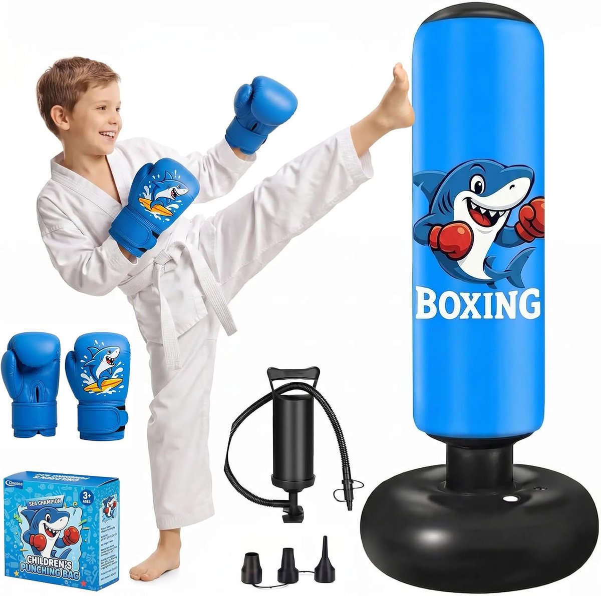 Qoosea Bokszak voor kinderen van 3-8 jaar, 130 cm, staande bokszak, opblaasbaar, met bokshandschoenen, staand, cadeau - ShopVlot