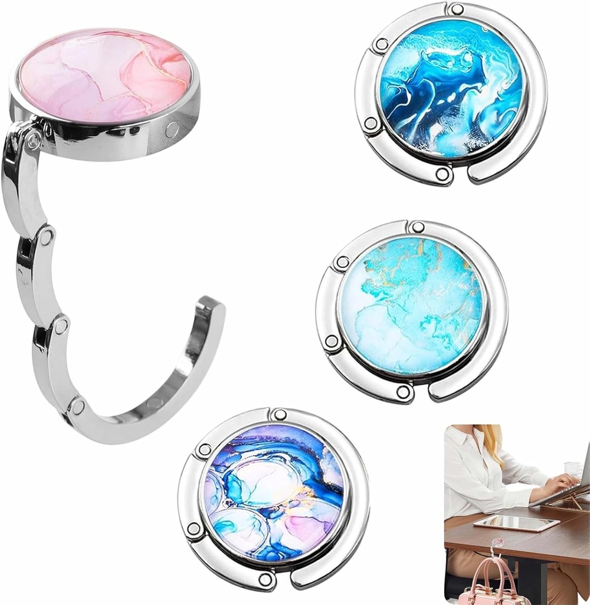 4 Pcs Table Bag Holders Round Marbling Bag Hooks Foldable Non-Slip Handbag Holder for Restaurant Office Cafe Library - ShopVlot