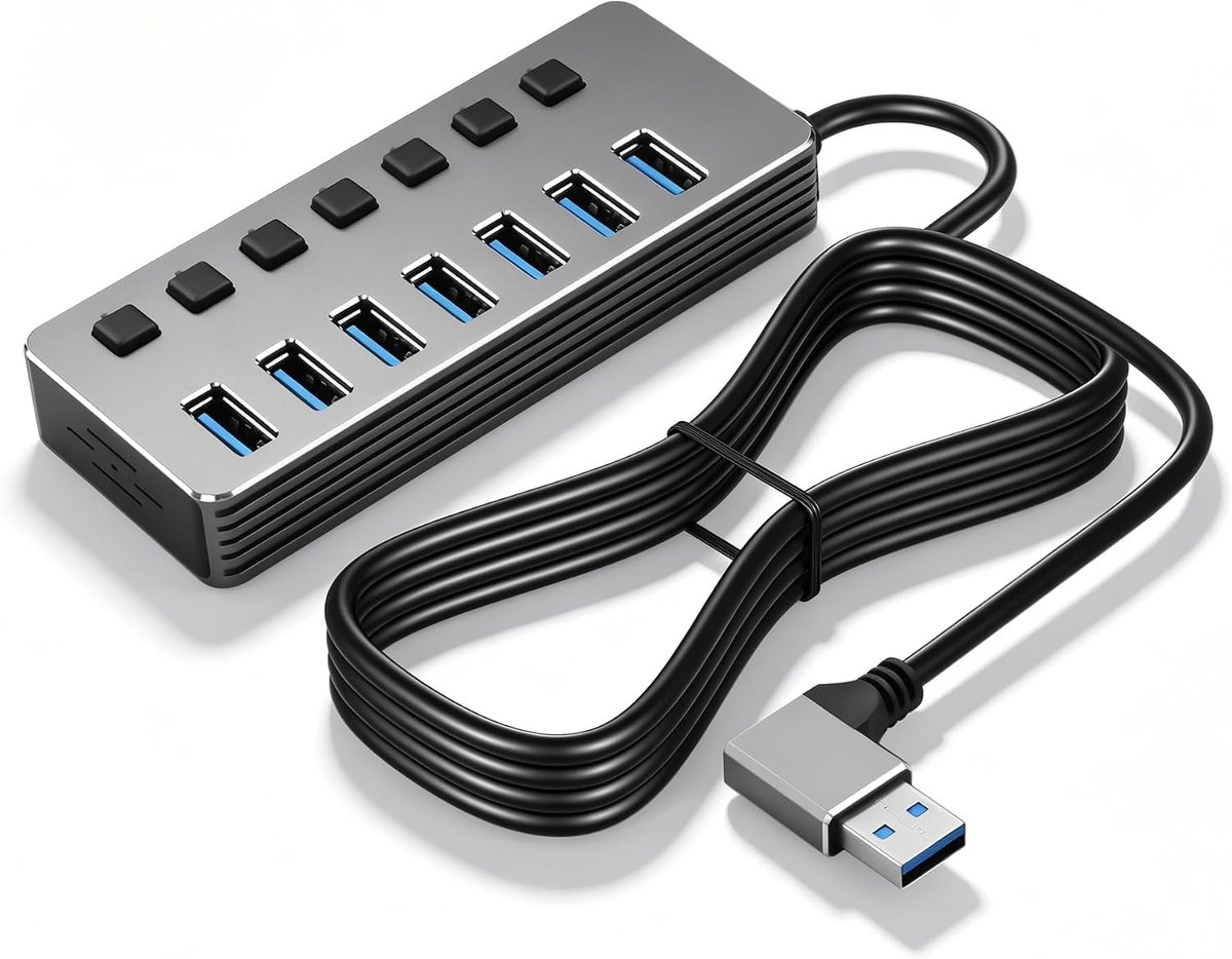 CERRXIAN USB-hub met 7 poorten van aluminium, rechte hoek van 90 graden, met 1,5 m lange kabel, USB 3.0 high-speed - ShopVlot