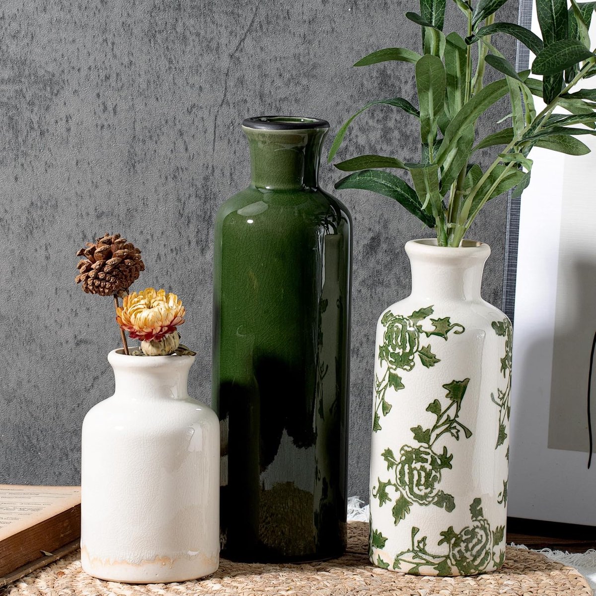 Keramik Vintage Vase Set of 3, Grey and White Riss Glasur, Chinoiserie Floral Dekor for Bauernhof Regal, Tisch - ShopVlot