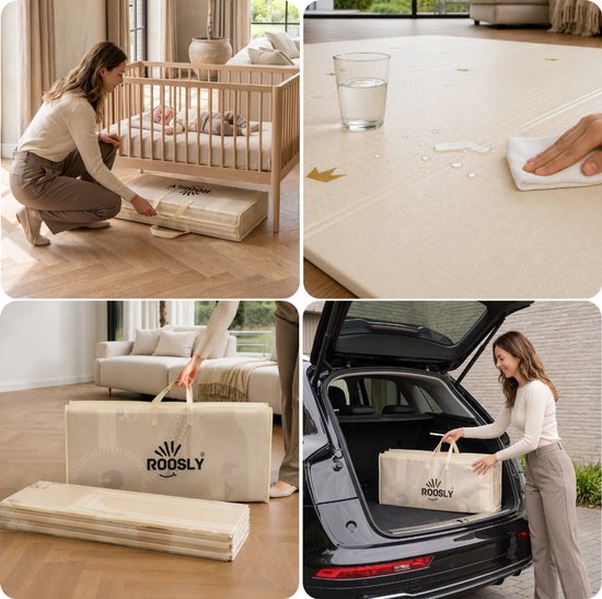 Collage met 4 beelden: baby in ledikant, speelmat waterdicht, opvouwbare speelmat en speelmat in autokofferbak.