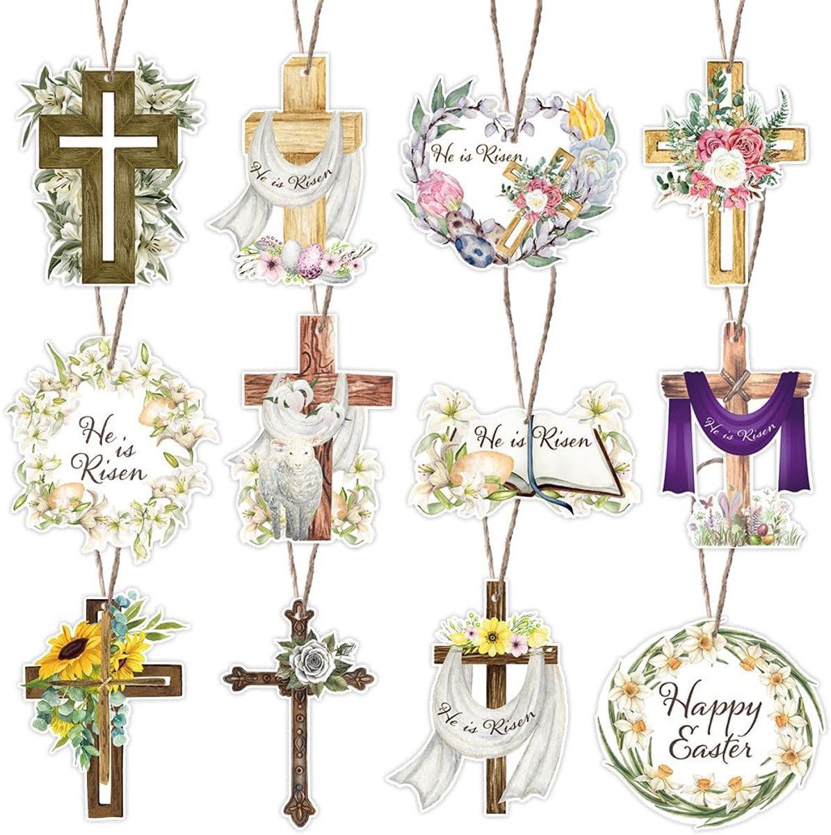 24 Pcs Easter Hanging Ornaments He Risen Party Small Religious Cross Ornaments Spring Tree Pot Plant Hangers with Rope - ShopVlot