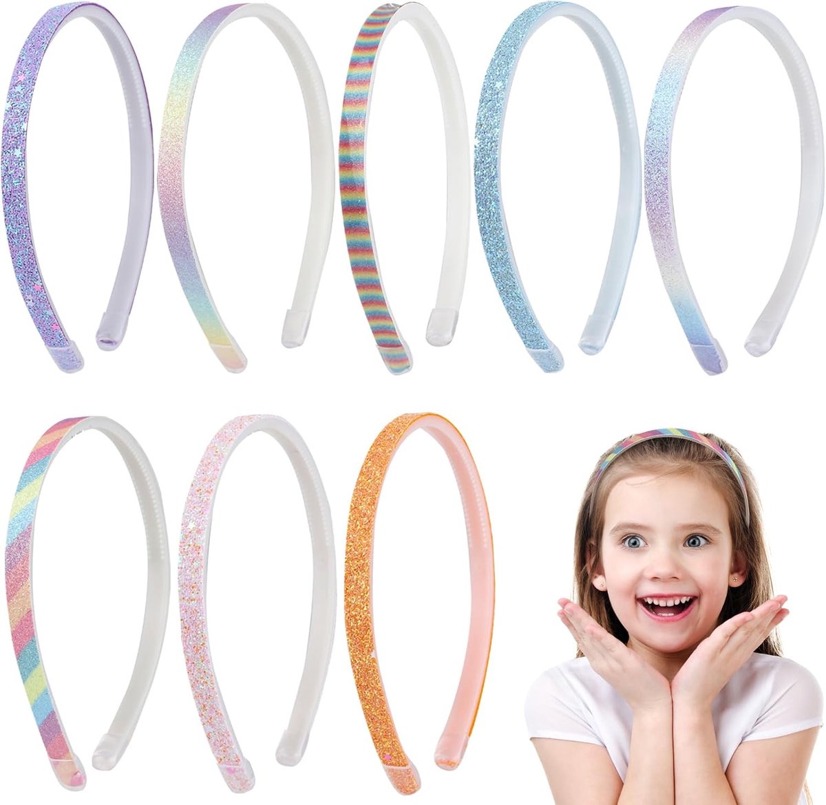 8 Pack Rainbow Glitter Sequins Hair Bands for Girls - Non-slip children's hair band, cute glitter hair band with - ShopVlot