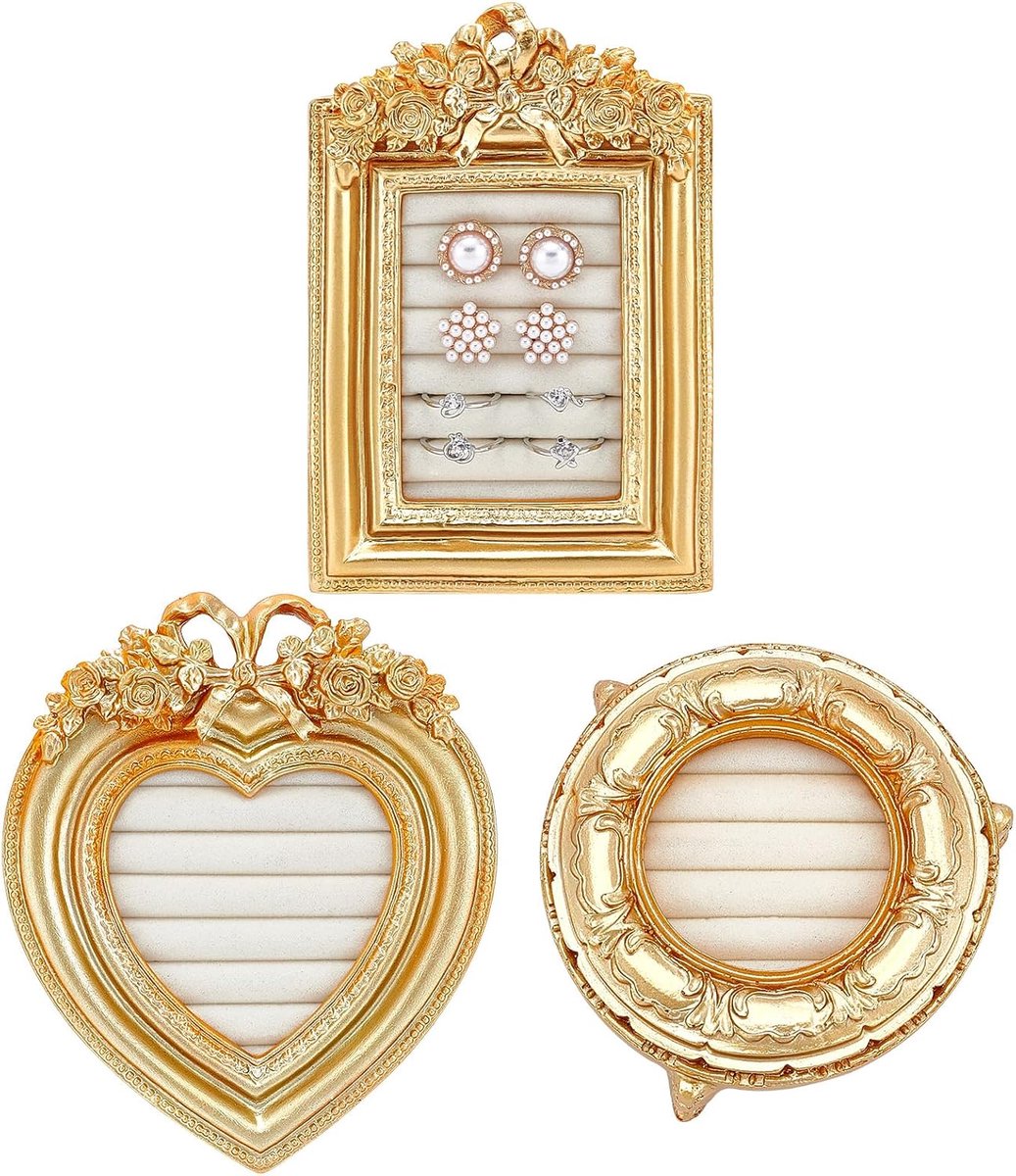 3 stuks vintage ringhouders, 3 stijlen, goud, hars, fluweel, sieradendienblad, elegante oorbelstandaard voor - ShopVlot