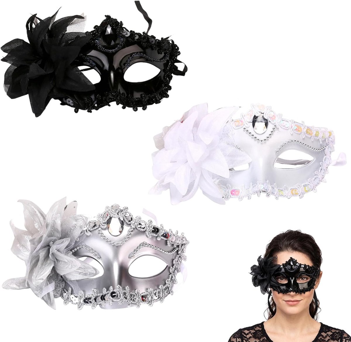 3 stuks luxe Venetiaans half gezichtsmasker zwart wit zilver – matte elegante kanten masker met bloemen en strass - ShopVlot