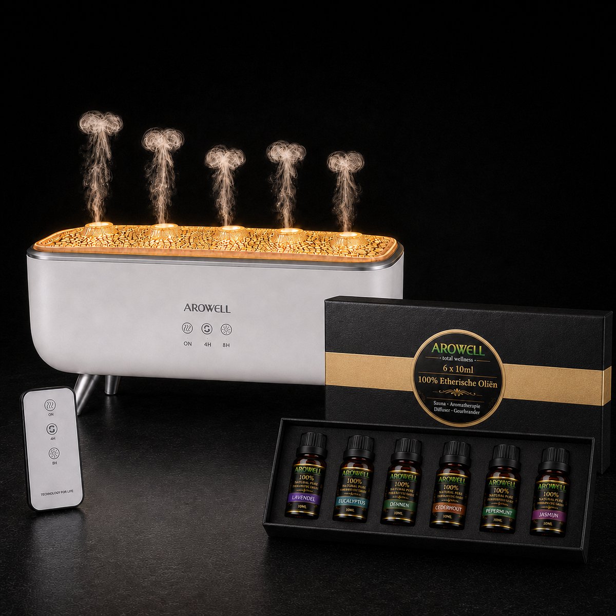Arowell - Aroma Diffuser met Kwalleneffect – 250 ml – 7 Kleuren – Geluidsreactief – Timer & Afstandsbediening – Inclusief 6 Etherische Oliën
