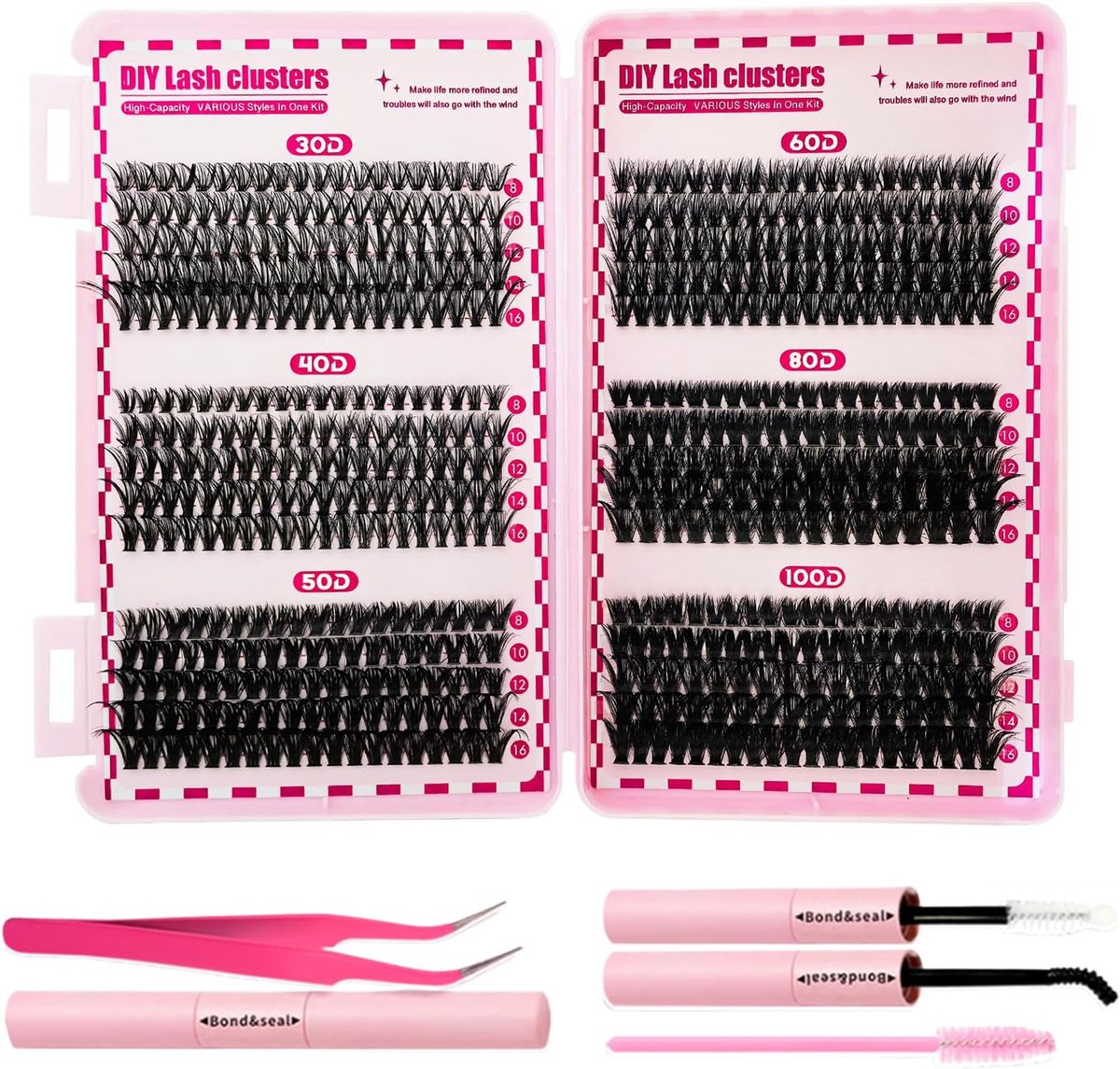 Wimperextensies, set van 8-16 mm, clusterwimperset, Lash Clusterset met Lash Bond en Seal, wimperpincet, 600 stuks - ShopVlot