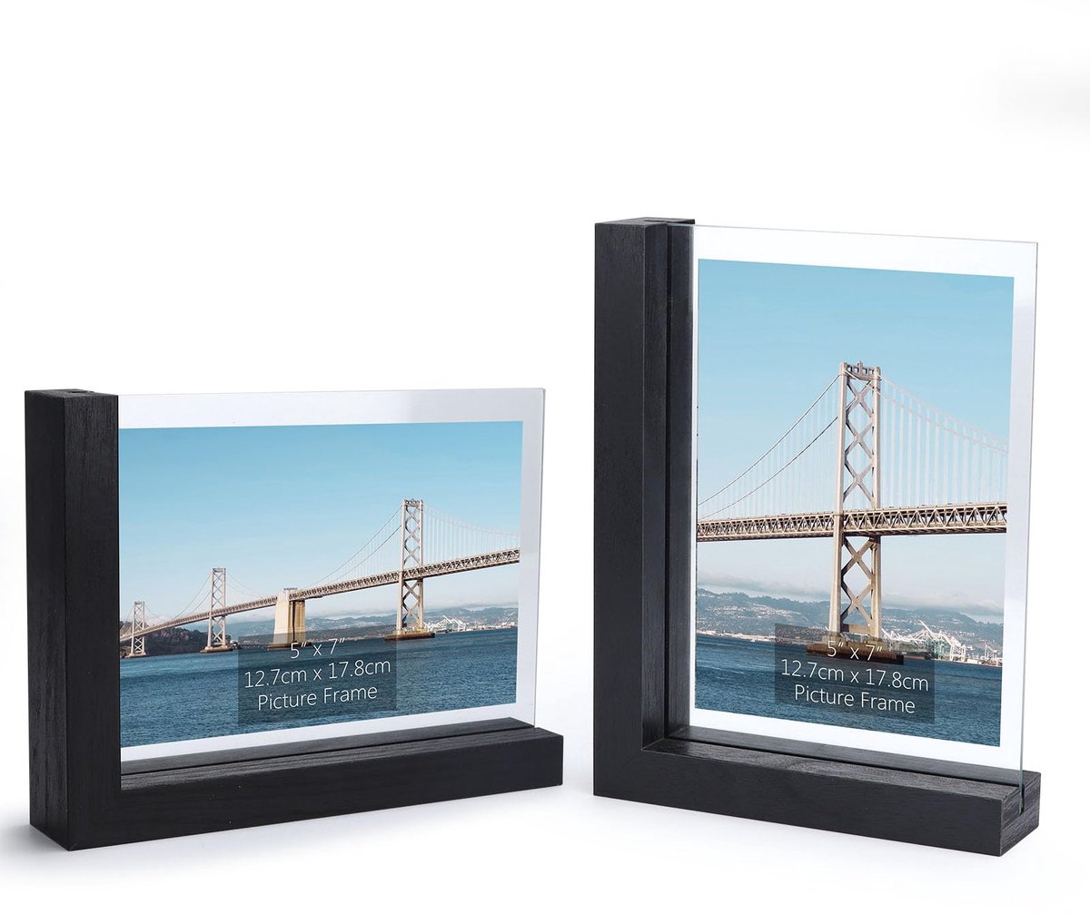 RLAVBL Set van 2 zwarte fotolijsten 13 x 18 cm, dubbelzijdige glazen fotolijsten met L-vormige MDF-basis, voor het - ShopVlot