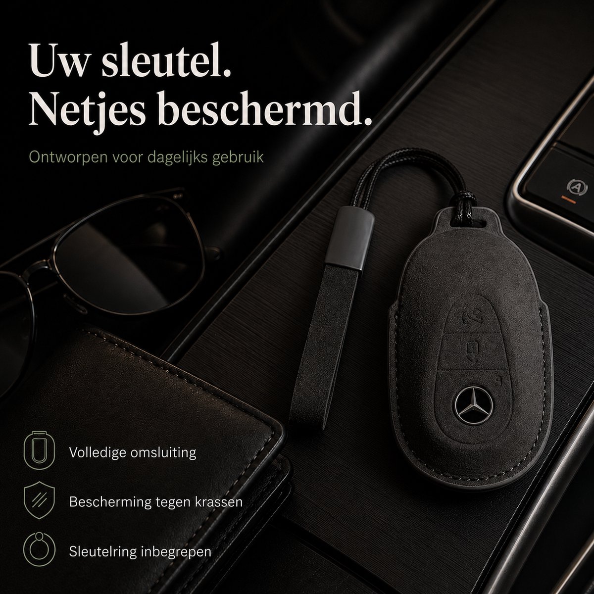 Zirkle Mercedes-Benz Autosleutel Hoesje Type F Zwart – Luxe Leren Sleutelcover met Koordje en Draaglus – Beschermhoes voor Mercedes A B C E S Klasse GLA GLB GLC GLK – Krasbestendige 3D Key Case – Premium Auto Sleutel Accessoire