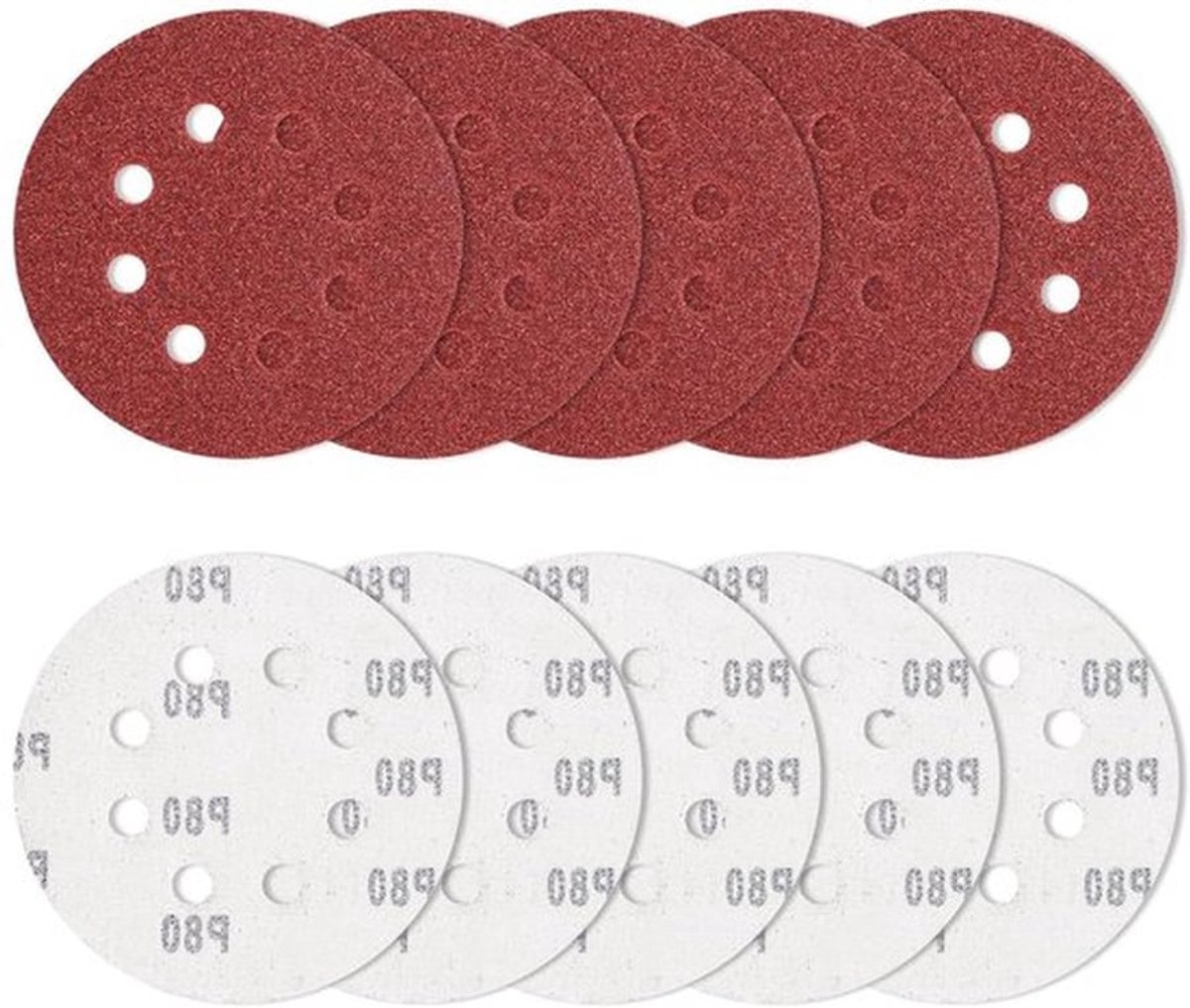 Schuurpapier 125 mm: 10 stuks klittenband, korrel 80, rond, voor excentrische schuurmachine
