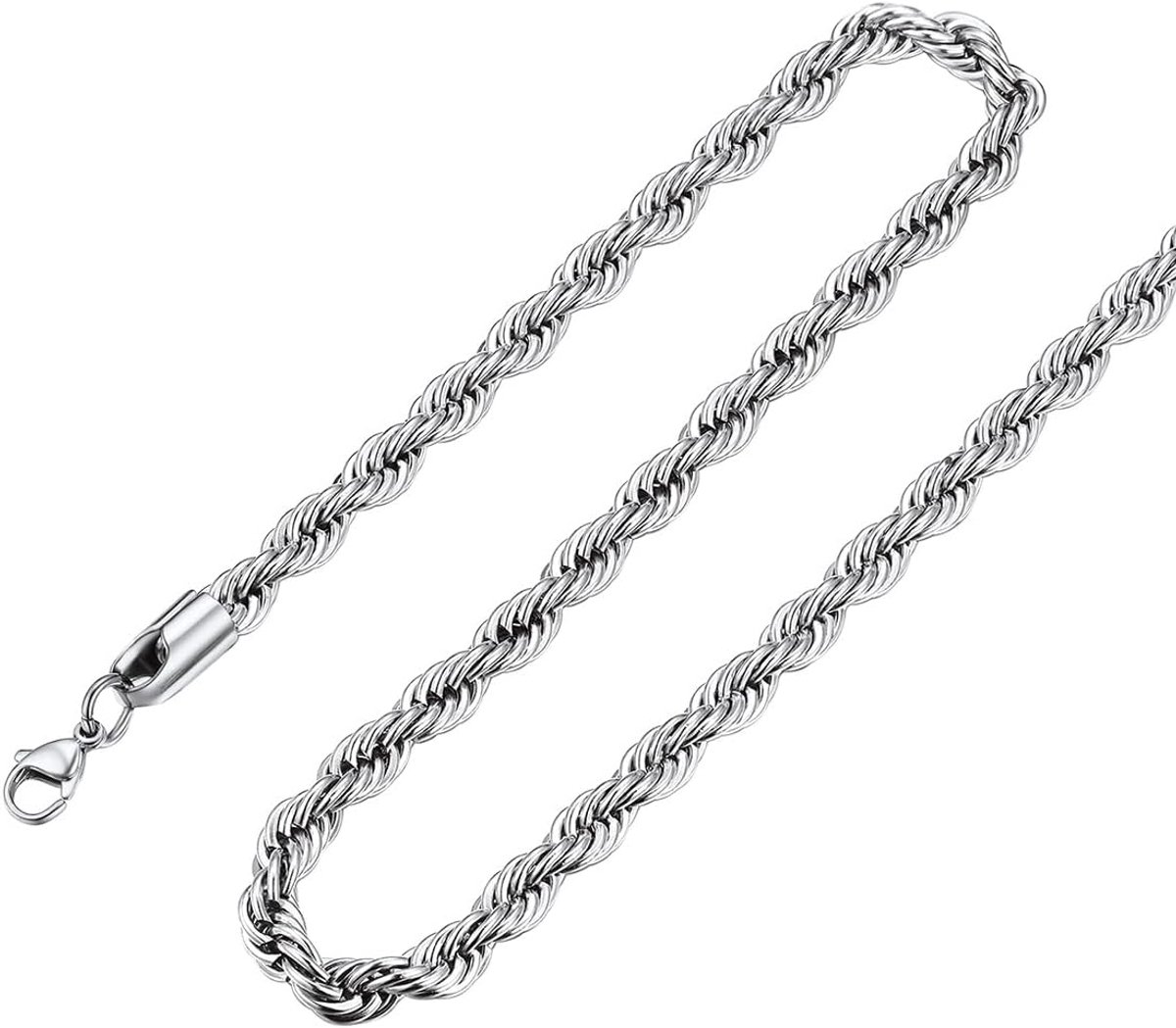 FOCALOOK Men's Chain, Long, 65 cm, Silver, Twisted, 6 mm, Stainless Steel, Stainless Steel, Stainless Steel - ShopVlot