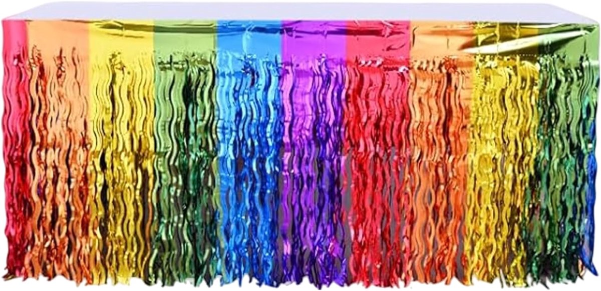 Tafelrokken 270 x 74 cm - metallic folie franjes - regenboogkleur - feestelijke tafelversiering - ShopVlot