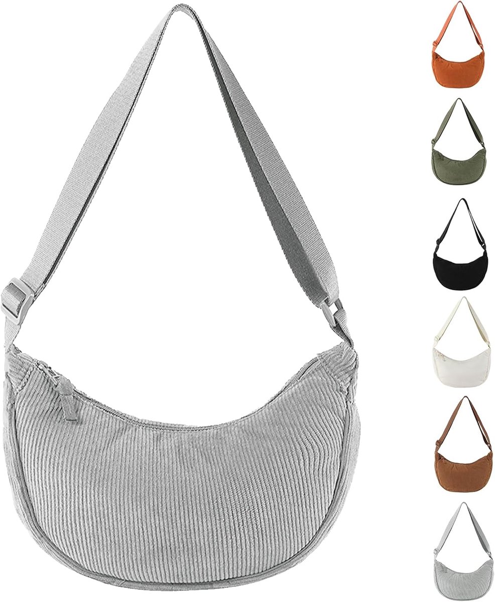 Half Moon Bag dames - corduroy - grijze crescent moon schoudertas - trendy en praktisch - ShopVlot