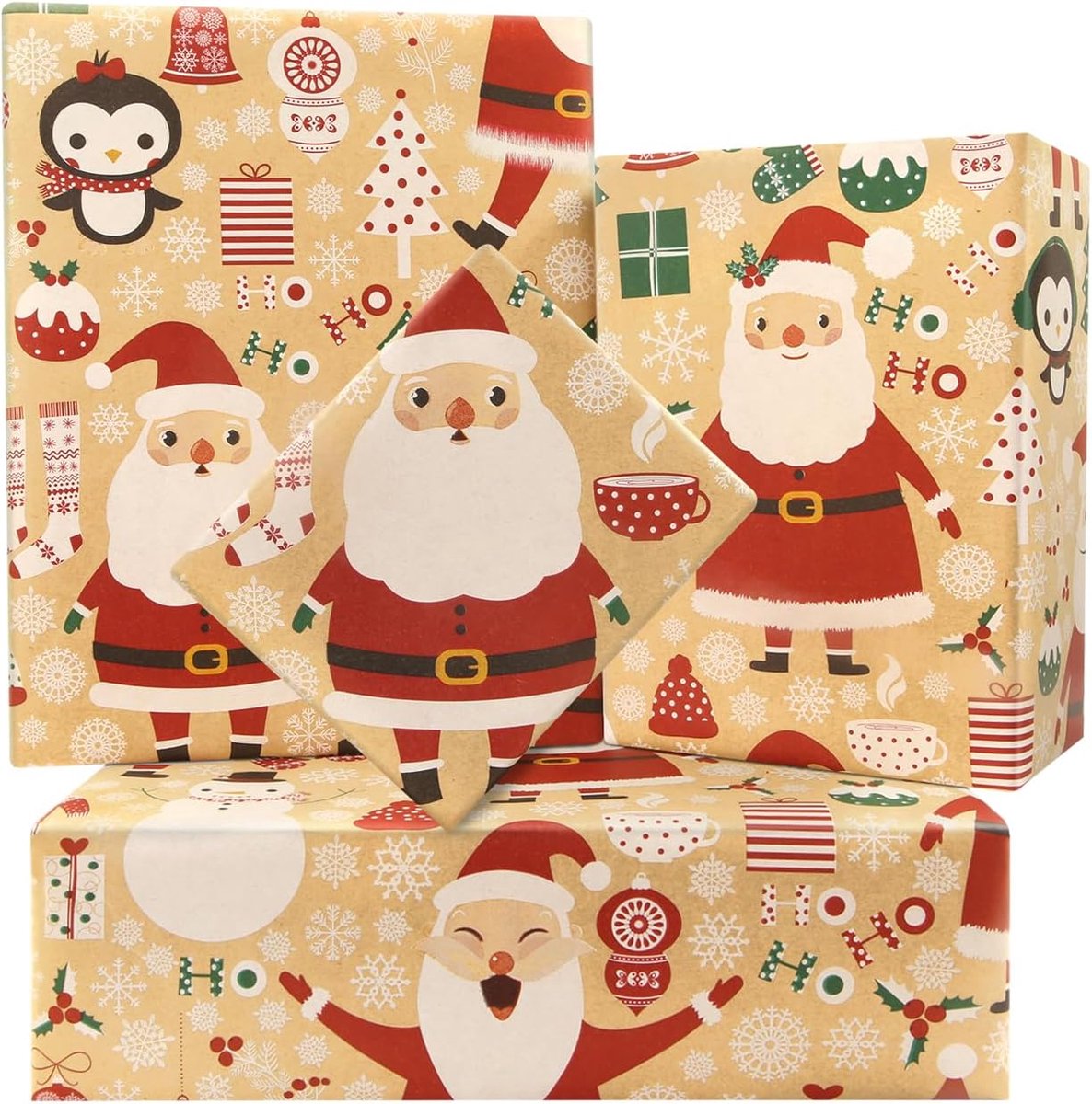 Kerstpakpapierrol 43 cm x 3 m - bruin kraftpapier - kerstpinguïn en sneeuwvlokken - ideaal voor feestelijke cadeaus - ShopVlot
