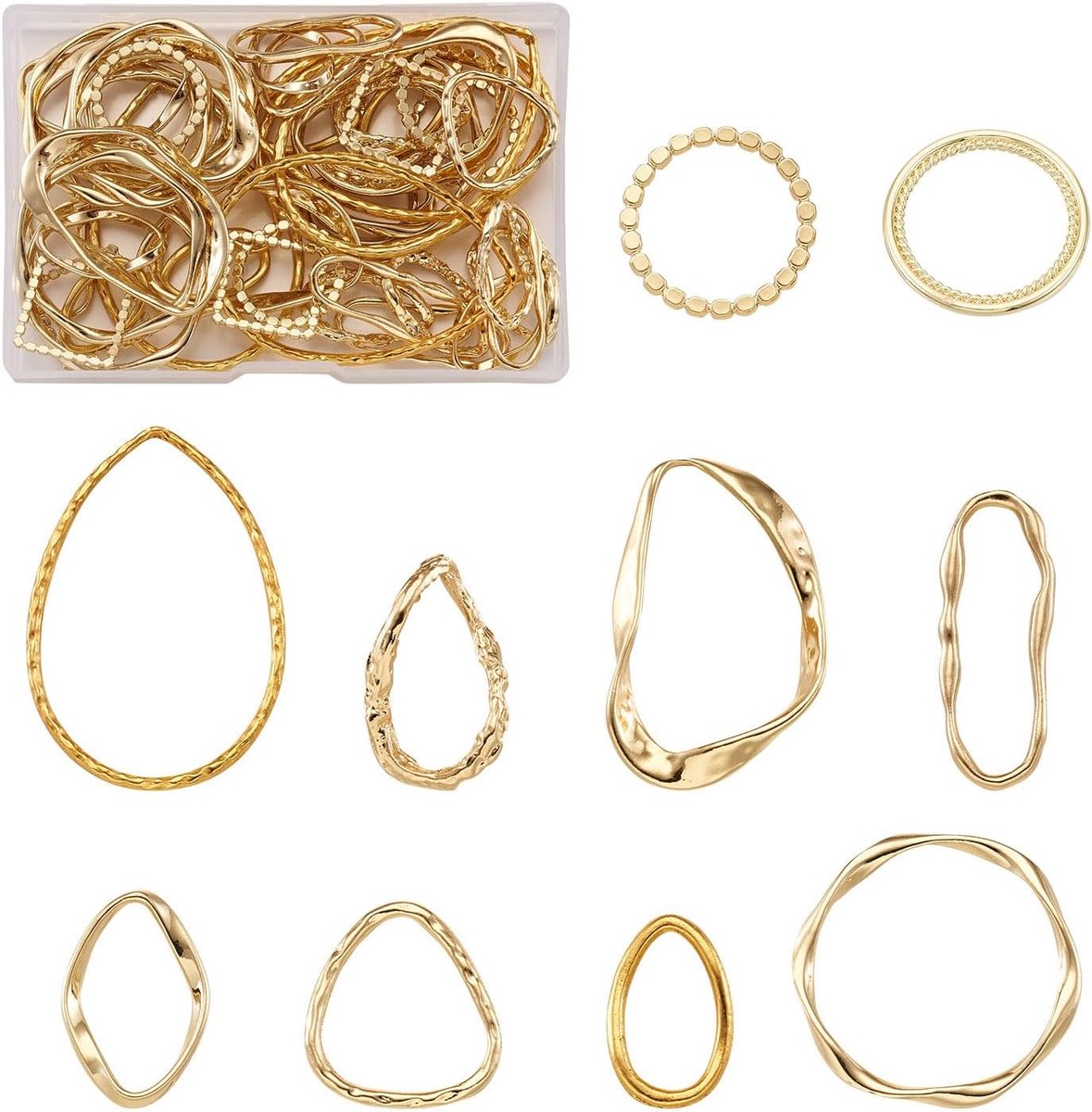 Open achter bezel charme ringen 60 stuks - Goudkleurig - 10 stijlen hart, rond en ovaal - ShopVlot