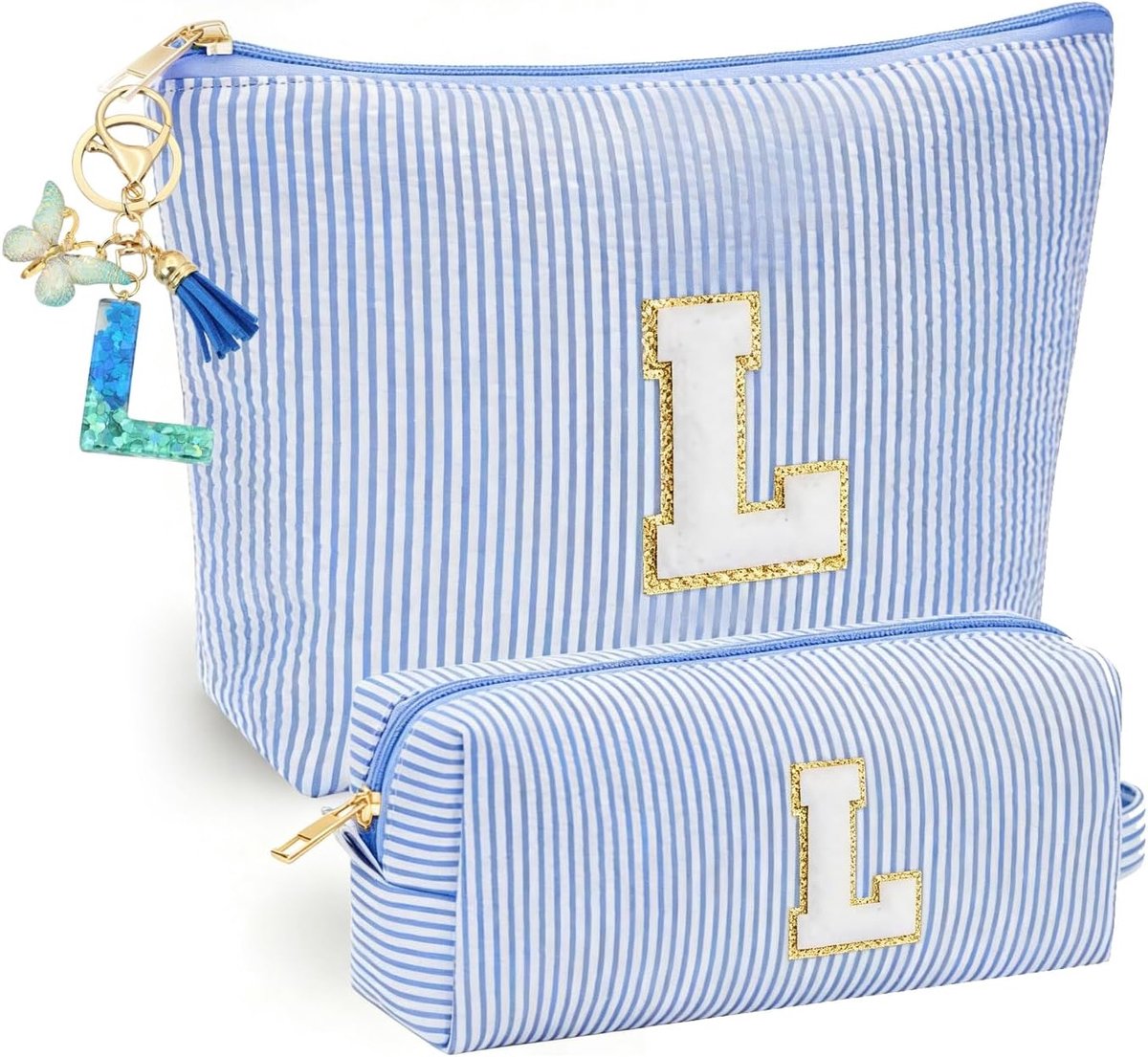 Make-up tas blauw (L) - gepersonaliseerd met initialen - vlinder kwastje - praktisch voor vrouwen en tieners - ShopVlot