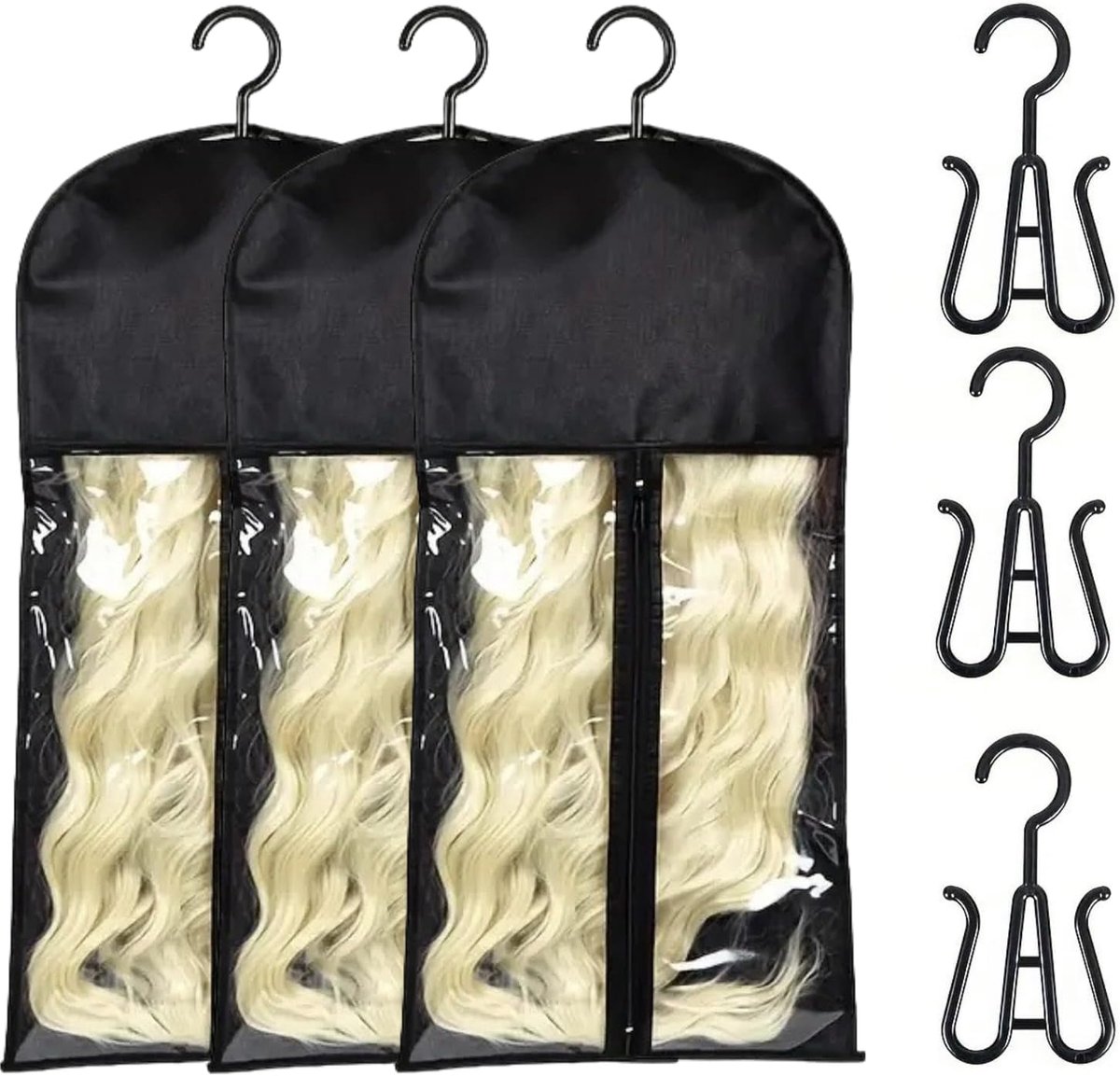 Wig opslagzak 3 stuks - zwarte stof - met hanger - voor haarextensions - ShopVlot