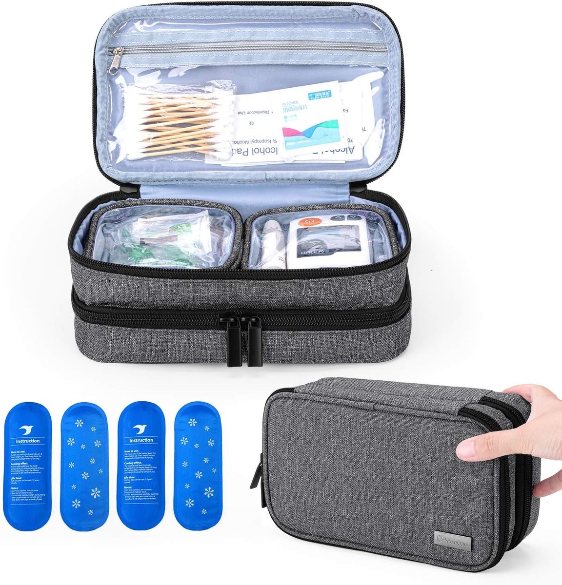 Dubbel Laags Insuline Reistas met 4 Koelpacks, Gevoerde Bescherming en Praktische Opslag voor Diabetes en Medicijnen, Grijs