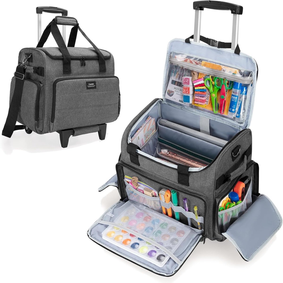 Ruime Rolling Bag voor Scrapbooking met Uittrekbare Vakken, Ideaal voor Papier, Albums en Stickers, Grijs, Groot, Casual