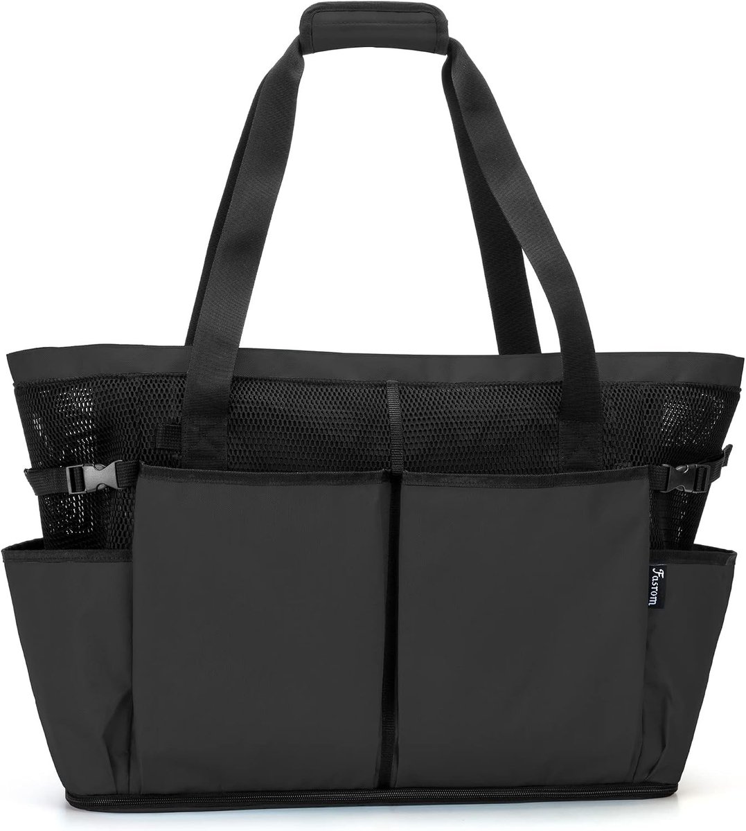 Extra grote mesh strandtas met rits onderkant, ideaal voor strand of zwembad, zwart, waterbestendig en lichtgewicht