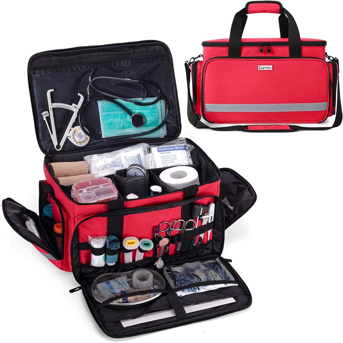 Medische Tas voor Verpleegkundigen met Binnenvakken en Antislip Bodem voor Thuisbezoeken, Zorgverleners en Fysiotherapeuten - Ideaal voor Studenten en Artsen, Rood, Eerste Hulp Kit, Verstelbare Schouderriem en Reflecterende Band