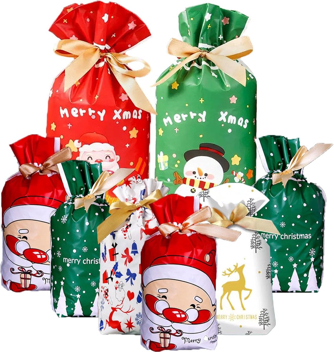 Kerstcadeauzakjes 34 stuks - Verschillende maten - Met trekkoord - Perfect voor feestjes - ShopVlot