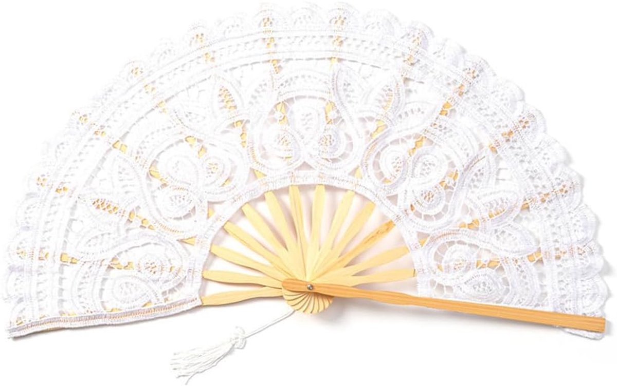 Vouwen Handfan Wit - Vintage Kant - Met Kwastje - Perfect voor Bruiloften - ShopVlot