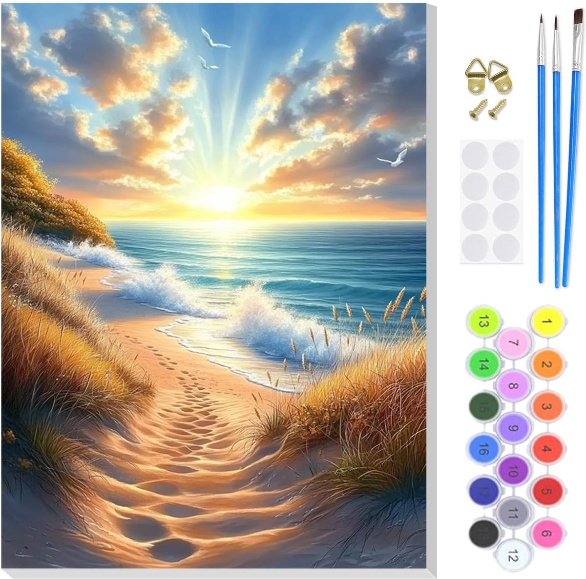 Schilderen op nummer - Zonsopgang aan zee - Doe-het-zelf olieverfschilderijset - ShopVlot