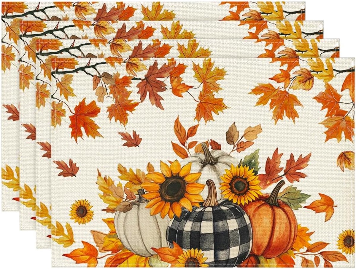 Placemats 30 x 45 cm - afwasbaar en waterdicht - herfst ontwerp met pompoen en zonnebloem - ShopVlot