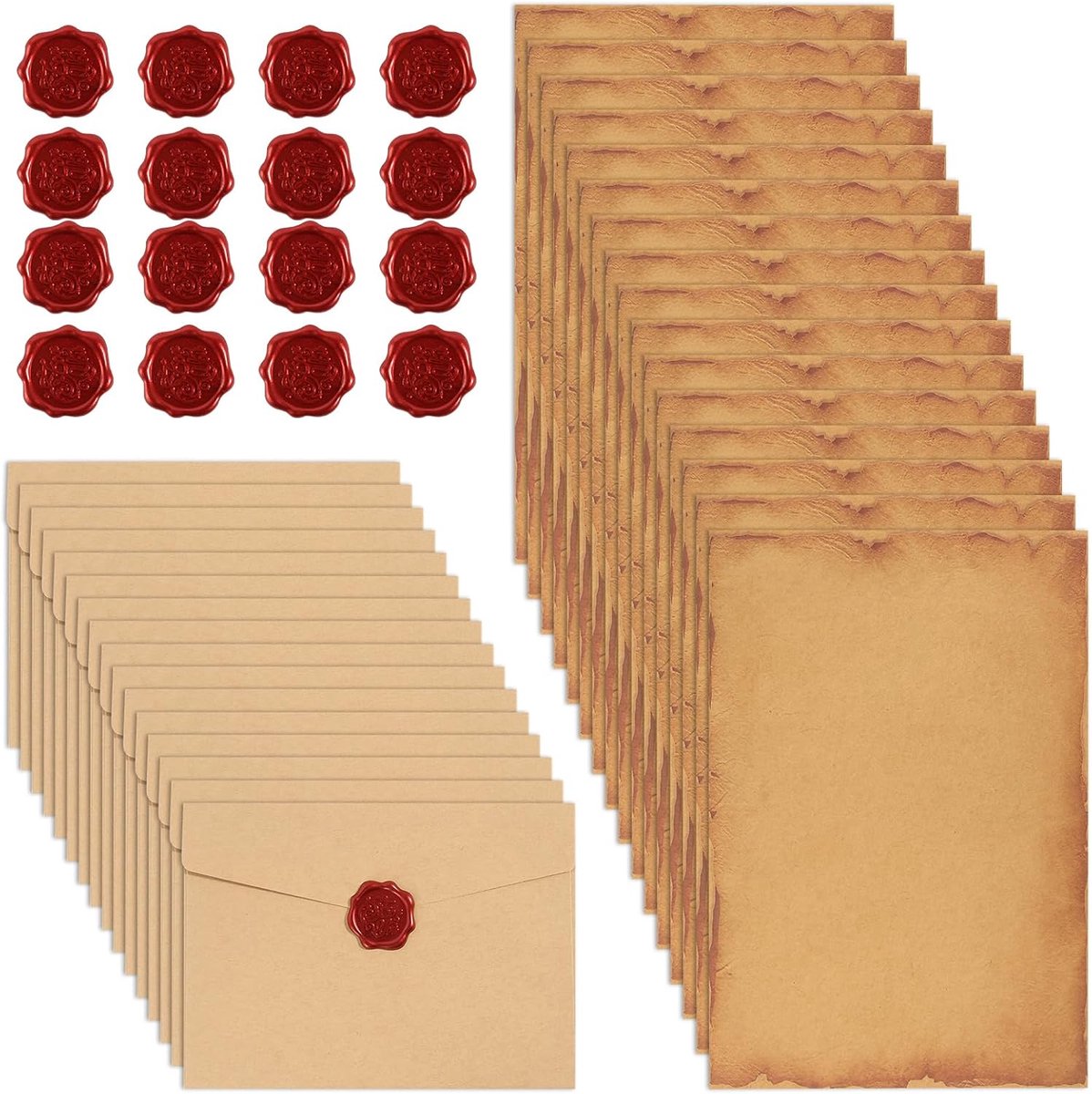 Vintage schrijfpapier set 48-delig - Kraft papier - Inclusief enveloppen en waszegels - Voor liefdesbrieven - ShopVlot