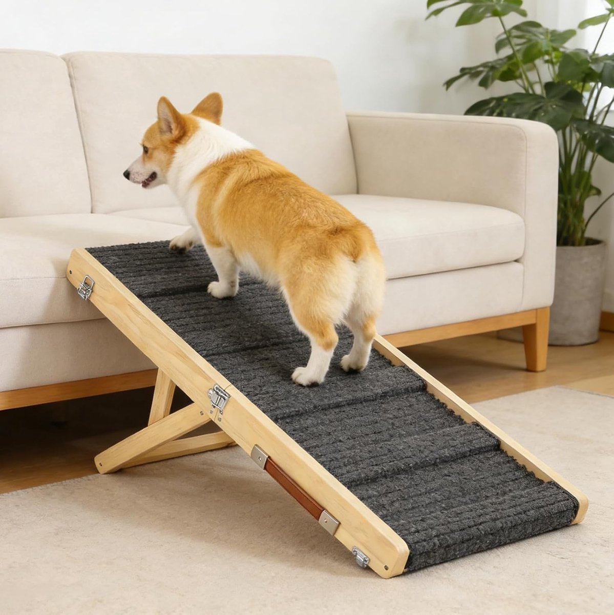 Opvouwbare hondenhelling van hout met 6-traps hoogteverstelling | Antislipmat, 120 cm lang, ideaal voor bed en bank, geschikt voor kleine en grote honden
