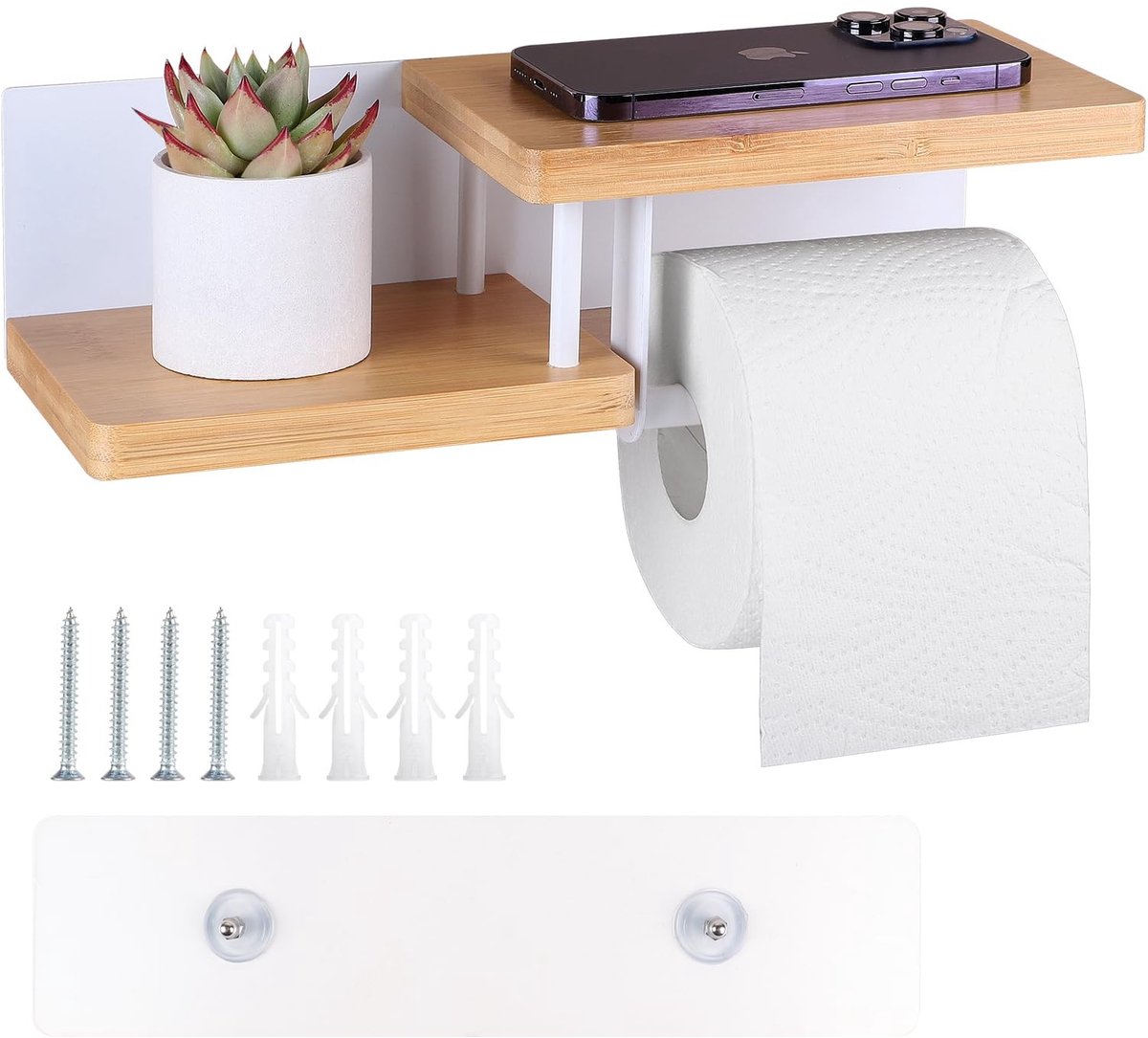 Dailygoods- Toiletpapierhouder Bamboe met Plank - Wandhouder - Hout/Metaal - Zelfklevend - 31,5 × 12,5 × 8,5 cm - Max. belasting 5 kg - Papierhouder