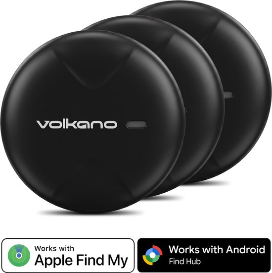 Drie zwarte ronde Volkano trackers, compatibel met Apple Find My en Android.