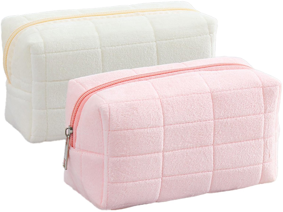 Dailygoods- Toilettas met haak - Pluche Cosmetische Tas - Set van 2 Stuks - 18 x 10 x 8 cm - Zacht Materiaal - Geschikt voor Make-up - Cosmetica Tas