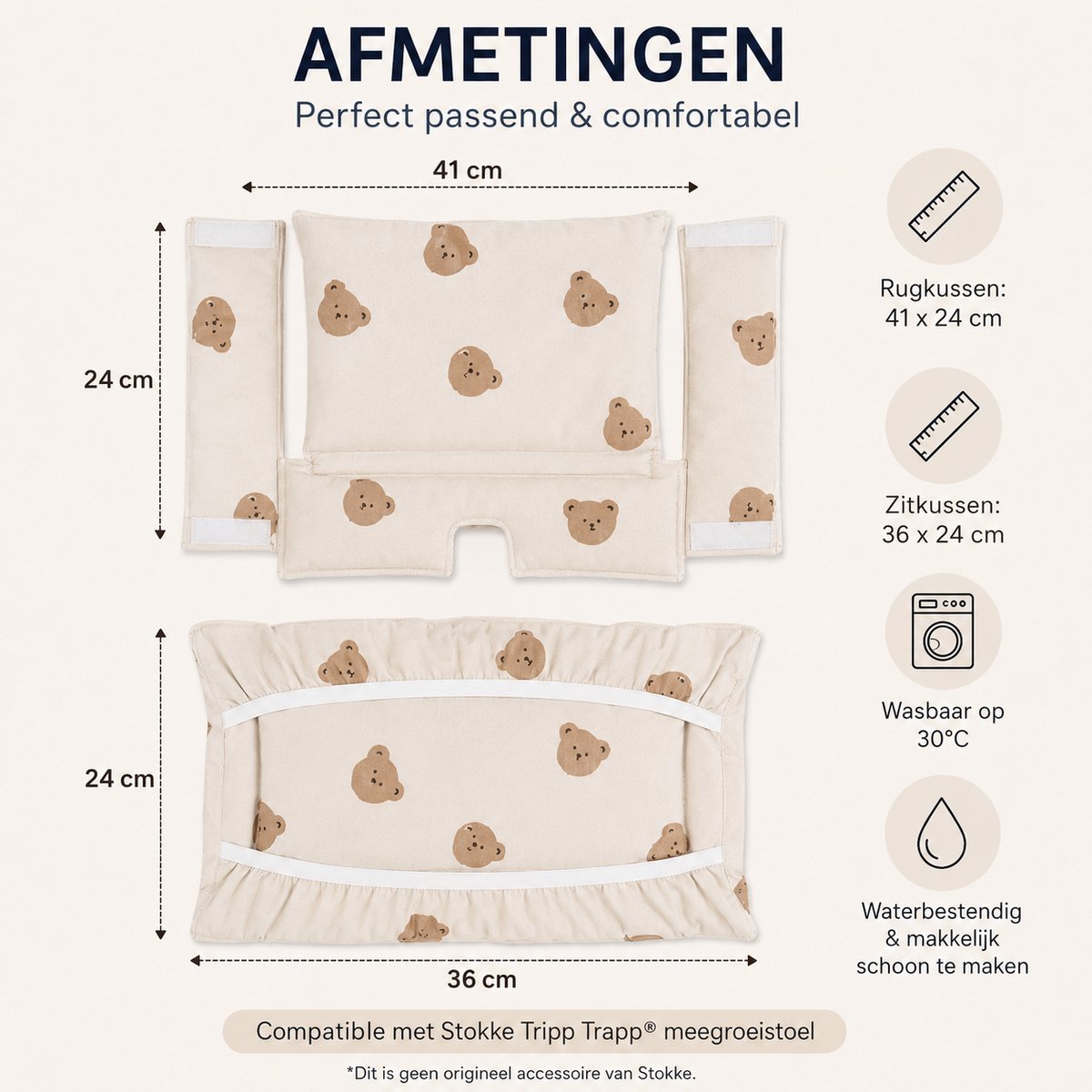 Stoelverkleiner Kinderstoel – Compatibel met Stokke Tripp Trapp – Waterbestendige Kussenset – Beertjes Print – foto 8