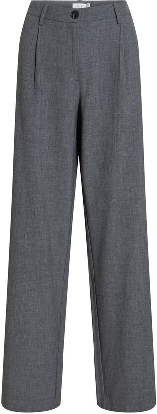 Grijze wide-leg pantalon met label 'VILA' in de taille, knoopsluiting en voorplooien.